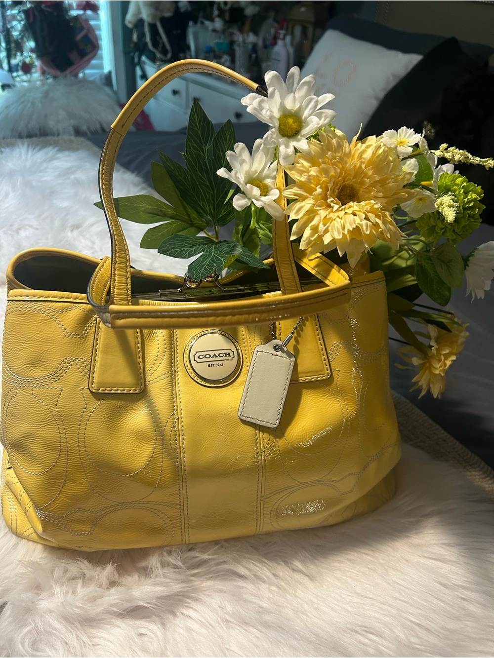 Coach Yellow Patent Leather Tote with Round Signature Plaque